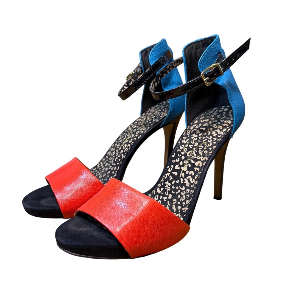 Jessica Simpson Sawana Heels Womens 8.5 Red Blue Colorblock GUC Stiletto Sandals